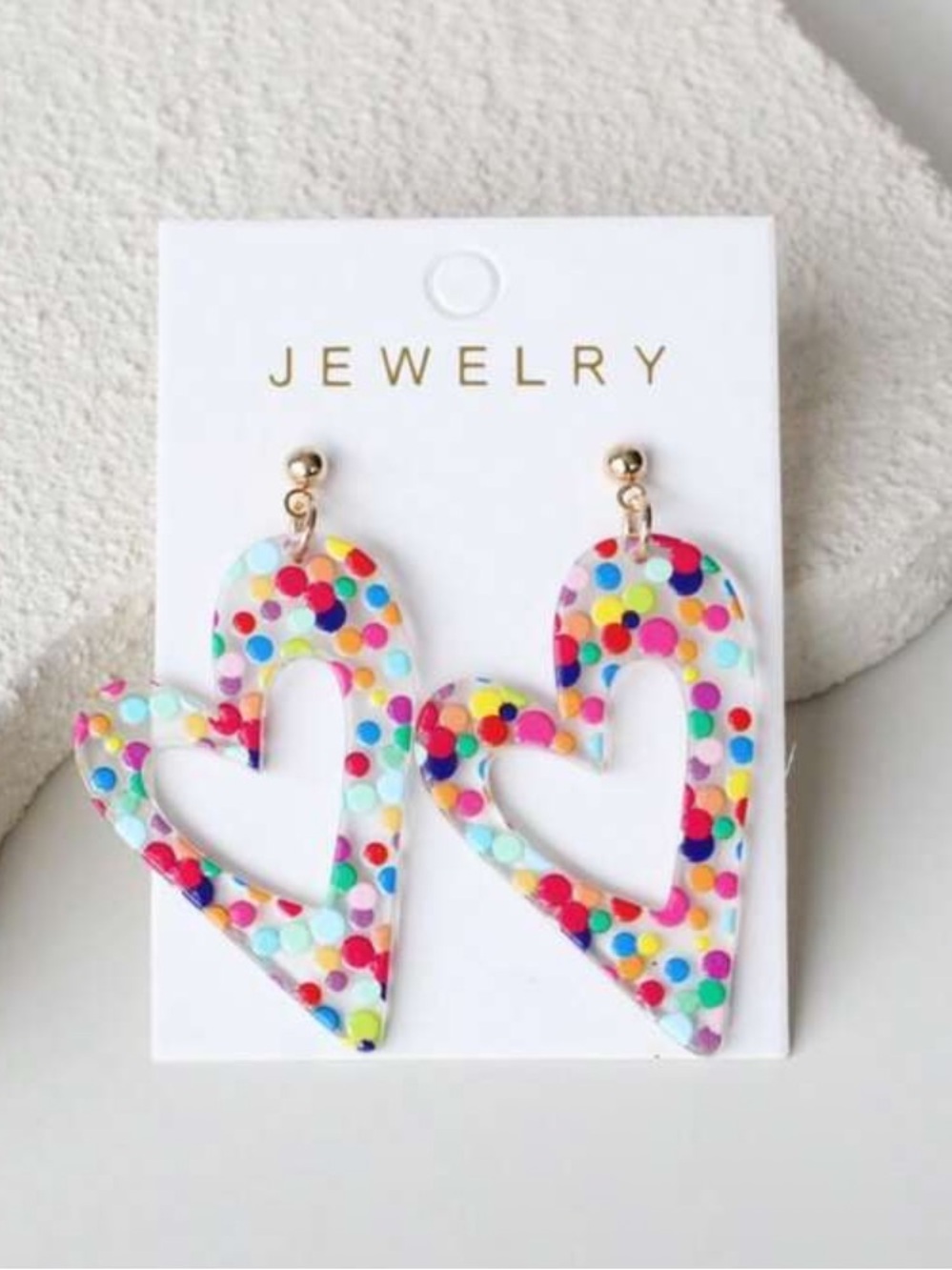 Transparent Heart Dangle Earrings with Multicolor Polka Dots